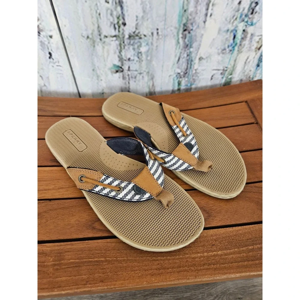 Sperry Seafish Flip Flop 7.5M Tan Blue Nautical Striped Leather Thong Sandals